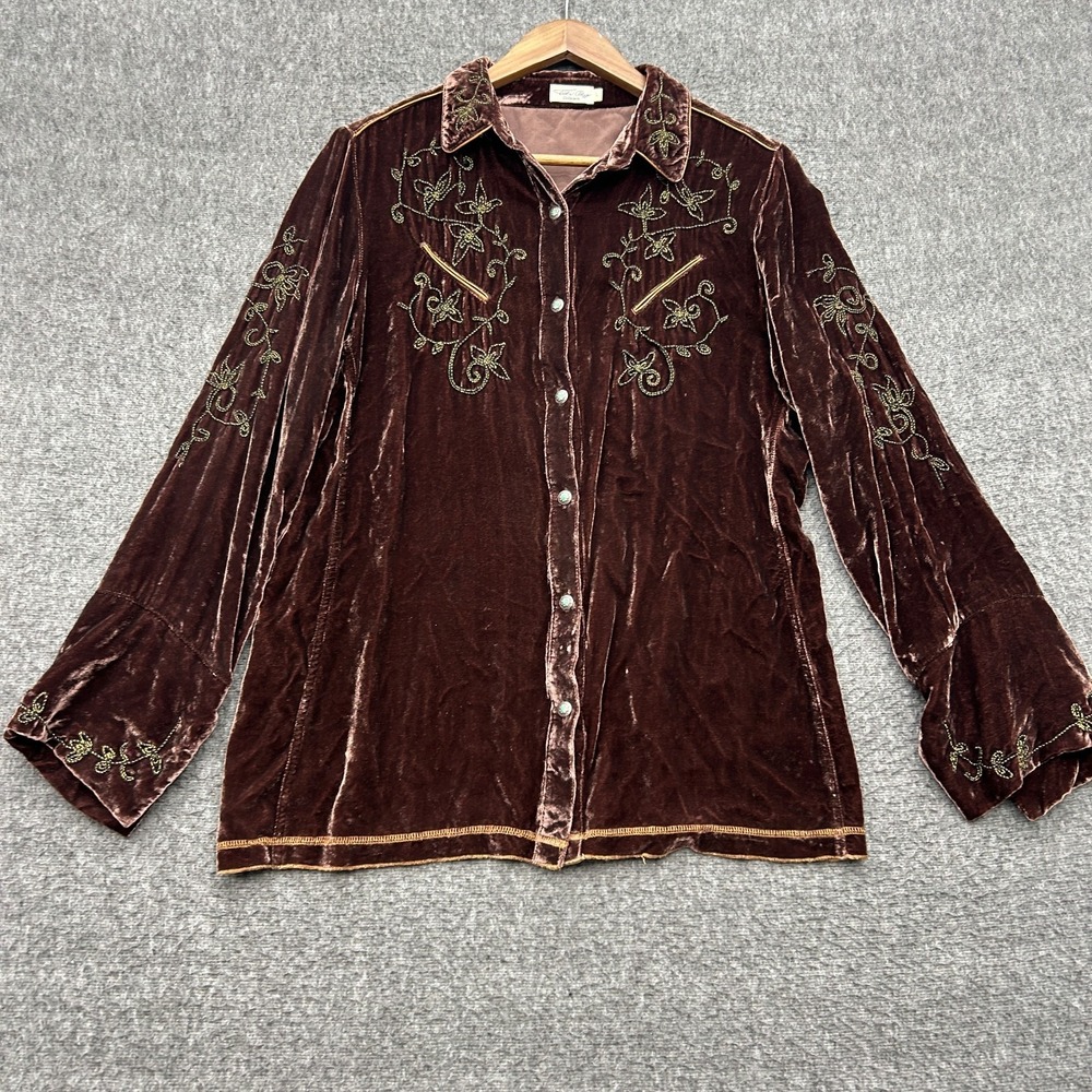 Tasha Polizzi Brown Velvet Western Shirt L Embroidered Beaded Boho Cowgirl Y2K